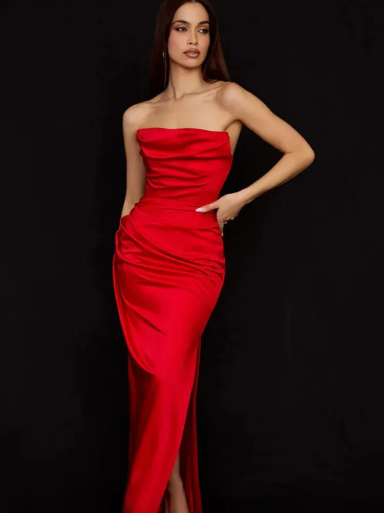 High Quality Satin Maxi Dress Women Summer Party Dress 2024 New Arrivals Strapless Dress Sexy Celebrity Evening Club Dress