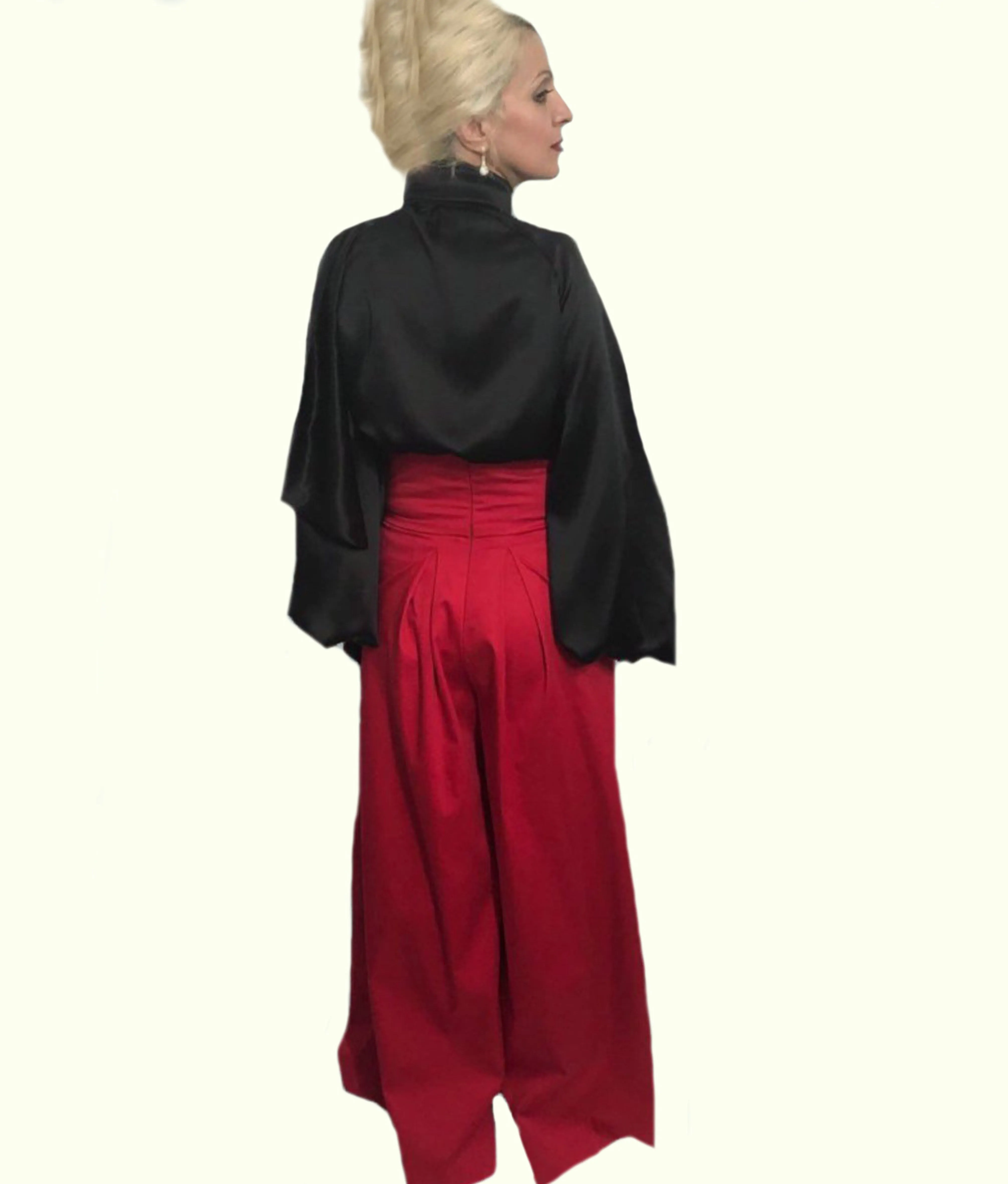 High-Rise Cotton Satin Palazzo Trousers In Tango Red Color