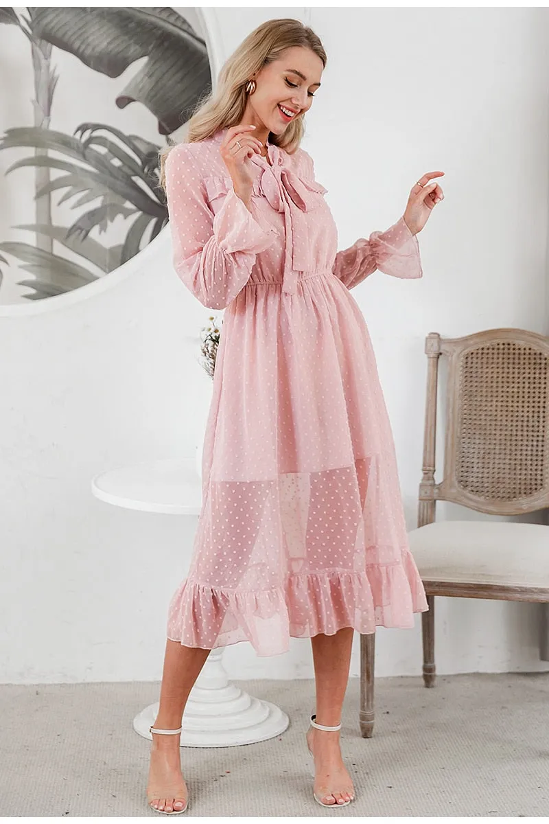 Hollow Out Party Casual Ruffled High Waist Bow Long Sleeve Maxi Summer Dress