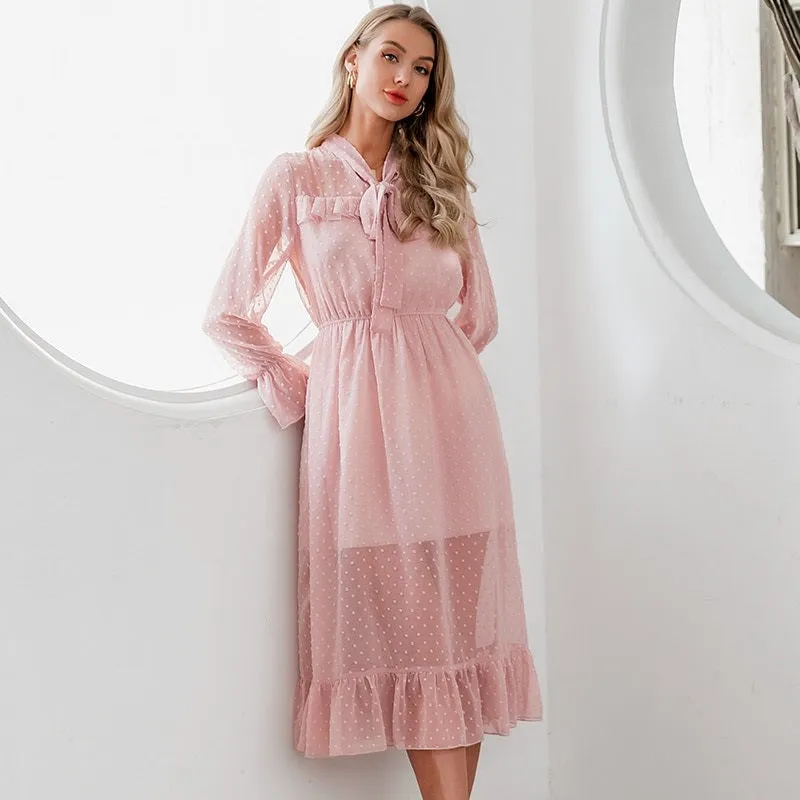 Hollow Out Party Casual Ruffled High Waist Bow Long Sleeve Maxi Summer Dress