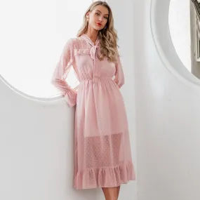 Hollow Out Party Casual Ruffled High Waist Bow Long Sleeve Maxi Summer Dress