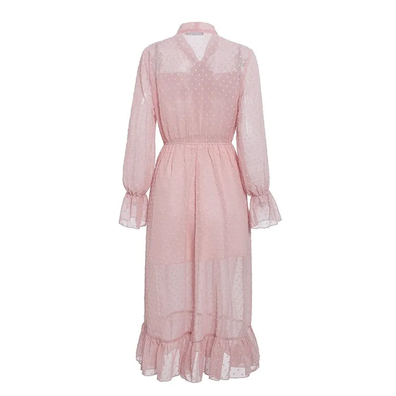 Hollow Out Party Casual Ruffled High Waist Bow Long Sleeve Maxi Summer Dress