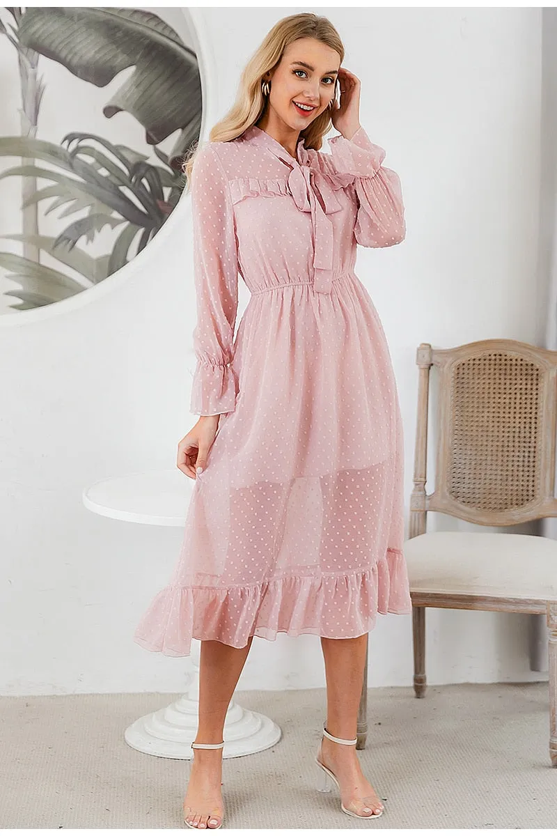 Hollow Out Party Casual Ruffled High Waist Bow Long Sleeve Maxi Summer Dress