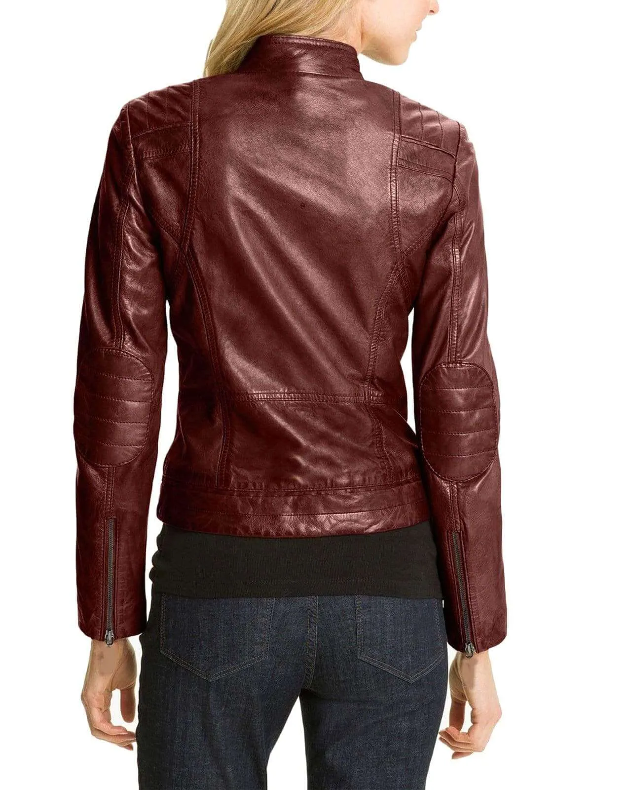 Hollywood Collection Soft Leather Biker Burgundy Jacket For Women