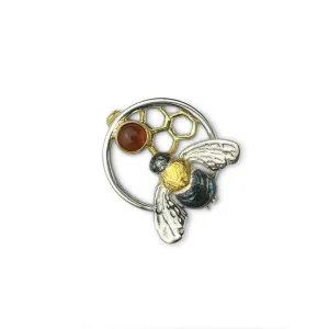 Honeycomb & Honeybee Sterling Silver Amber Brooch By Paula Bolton