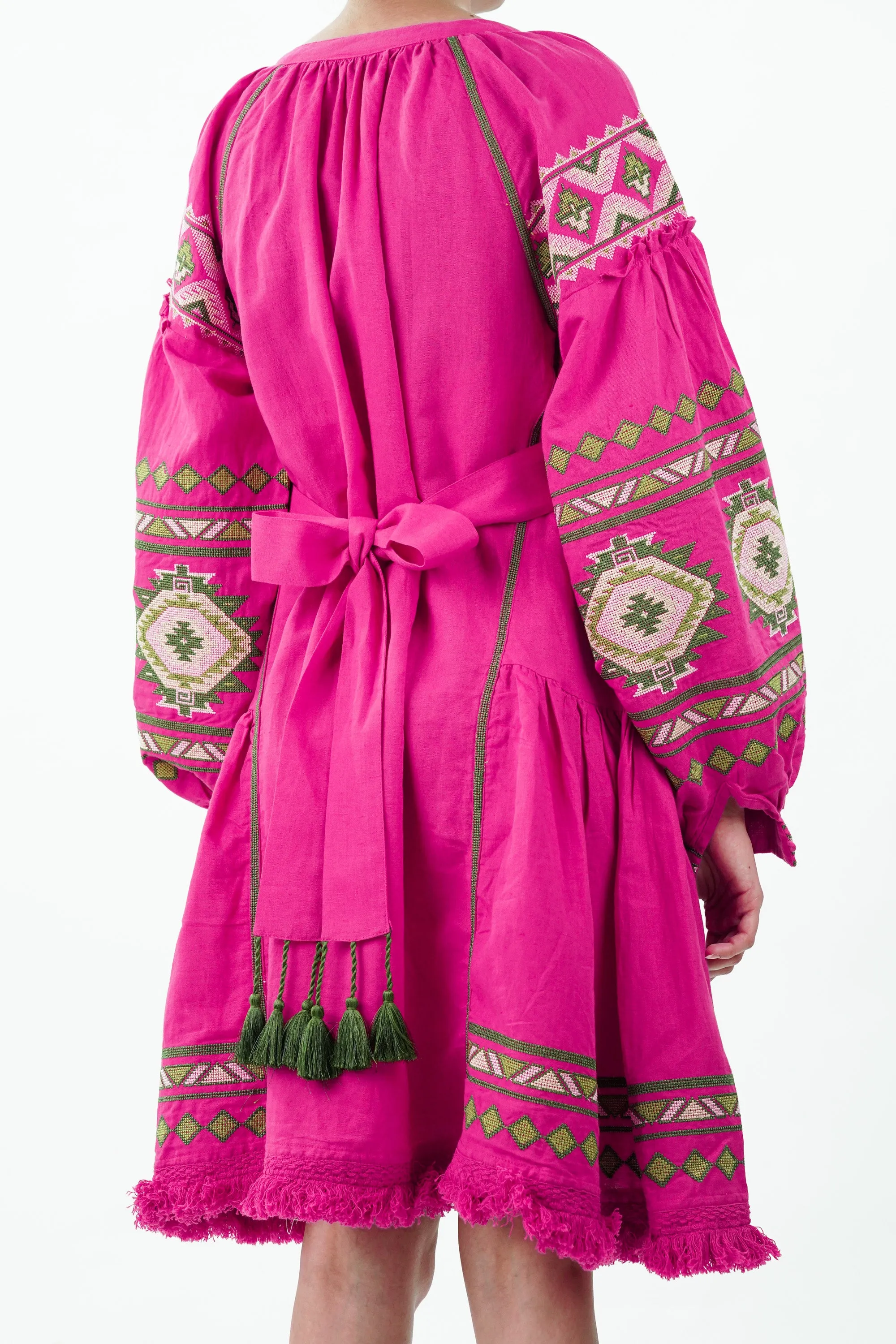 Hot Pink Raglan Sleeve Cotton Linen Dress