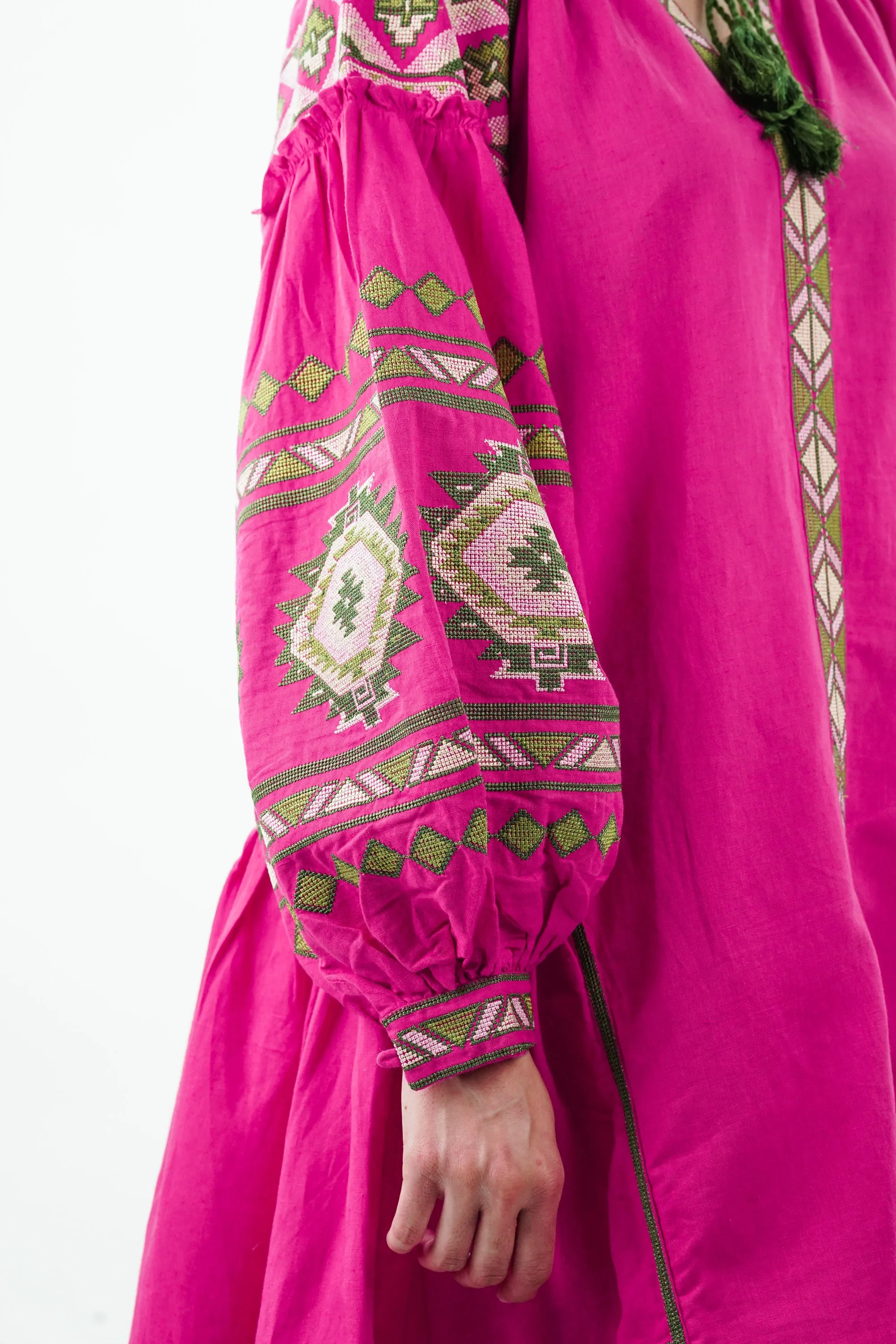 Hot Pink Raglan Sleeve Cotton Linen Dress