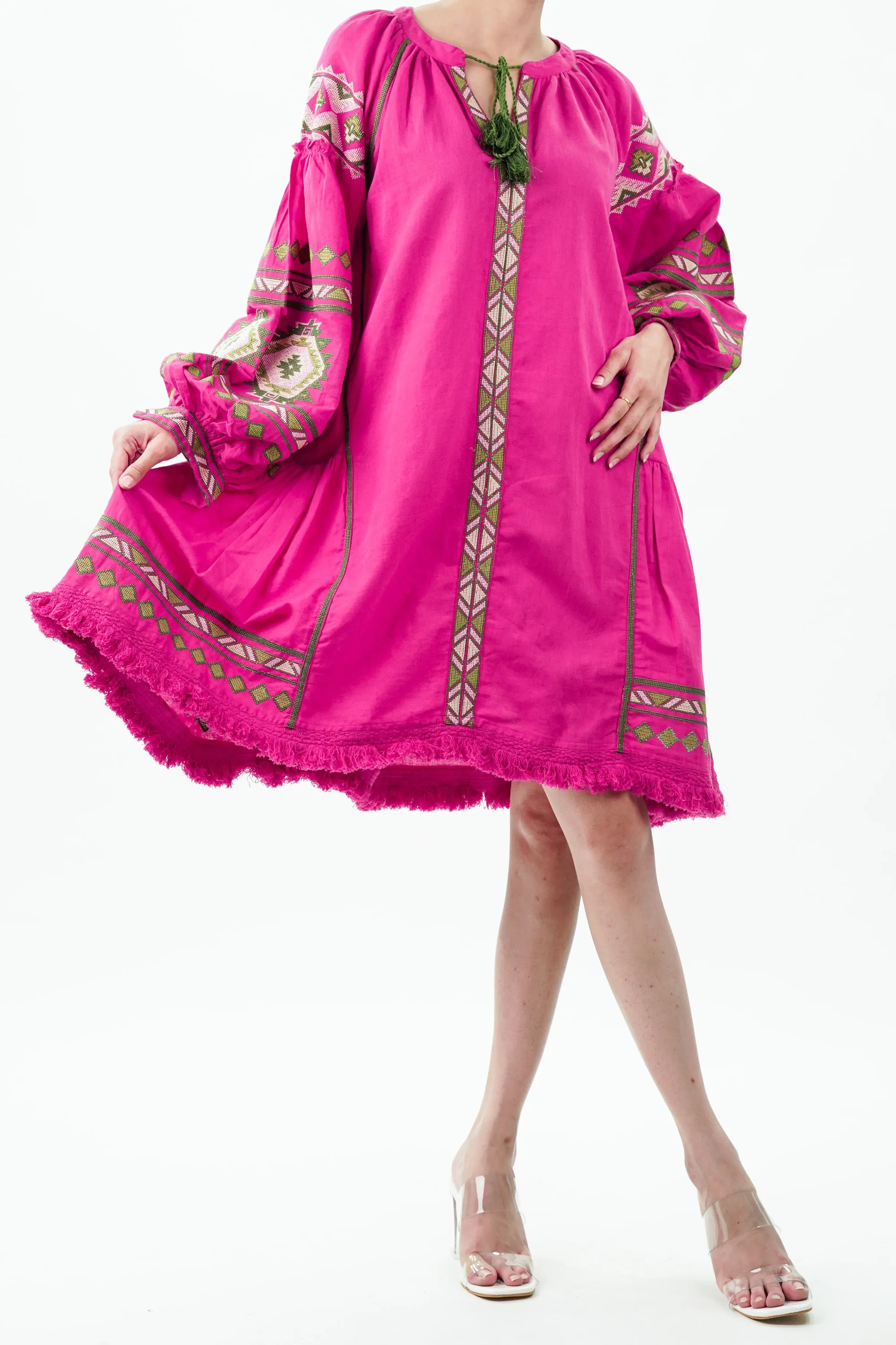 Hot Pink Raglan Sleeve Cotton Linen Dress