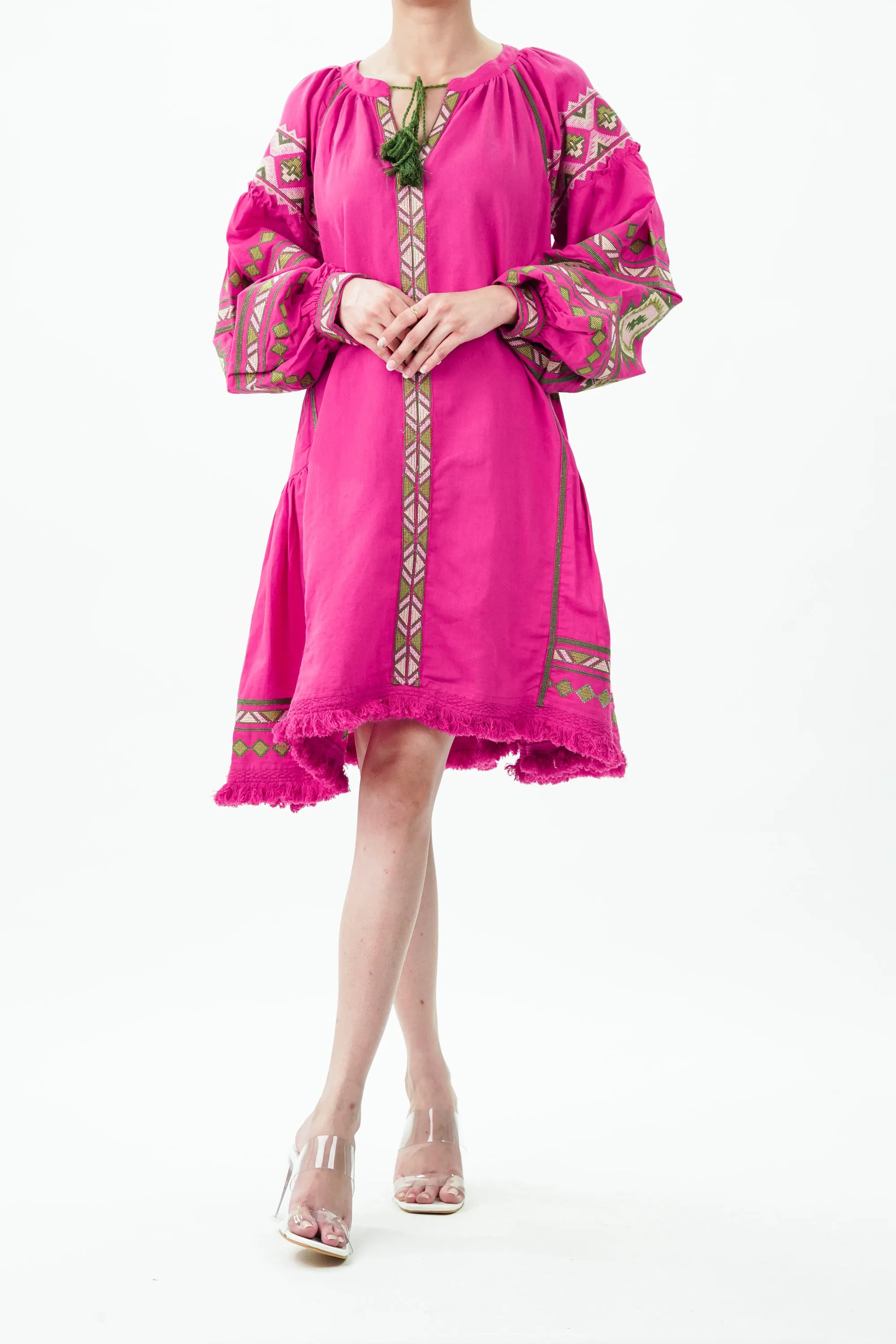 Hot Pink Raglan Sleeve Cotton Linen Dress