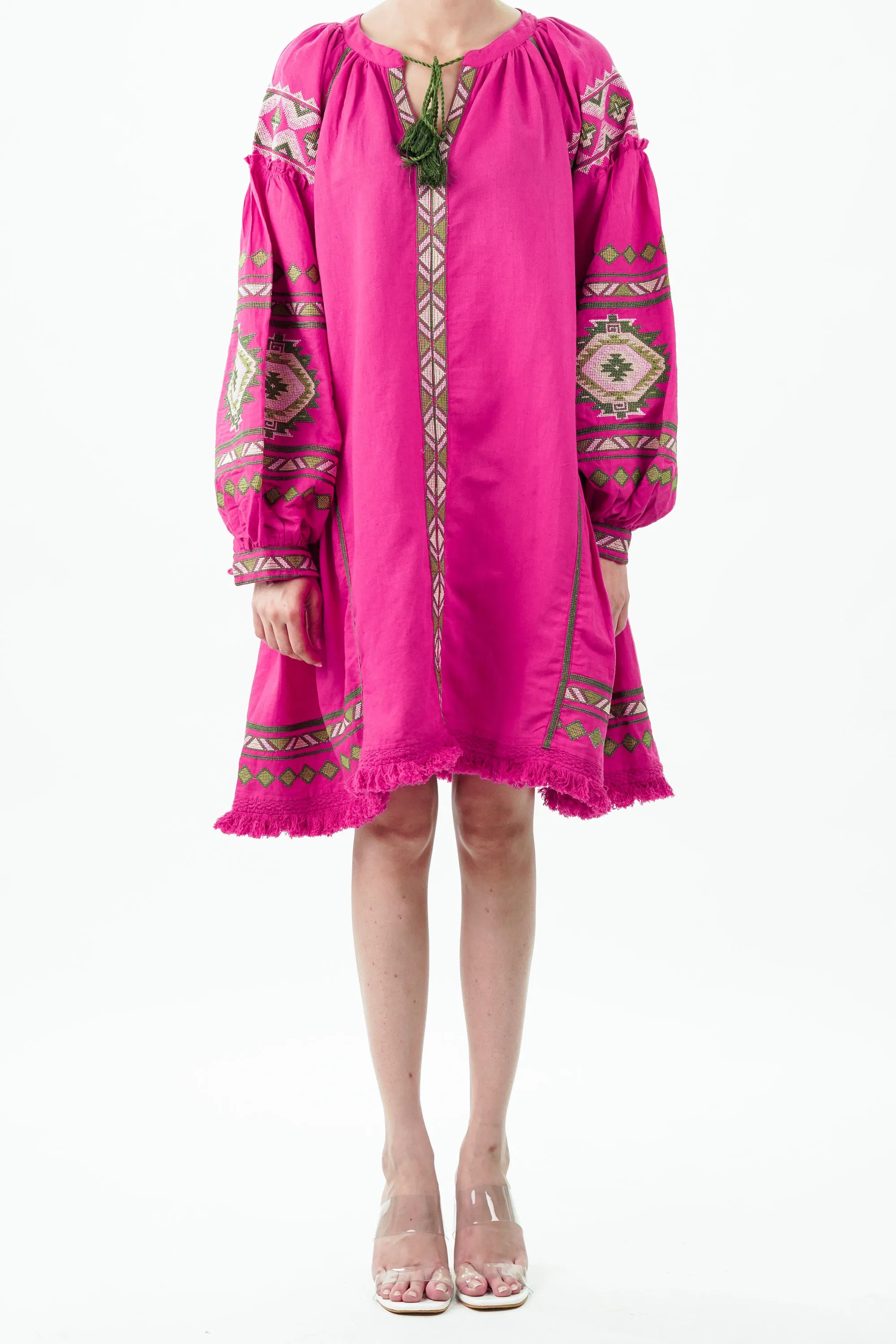 Hot Pink Raglan Sleeve Cotton Linen Dress