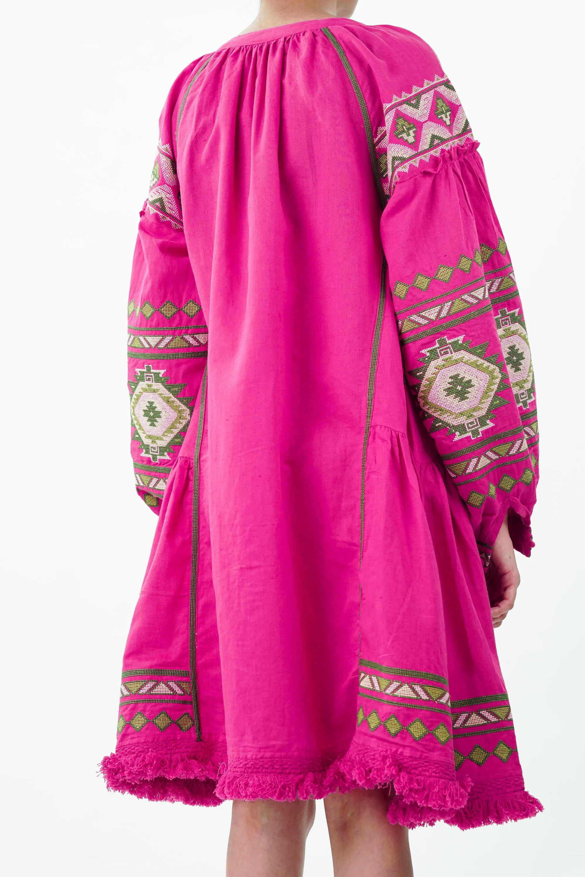 Hot Pink Raglan Sleeve Cotton Linen Dress