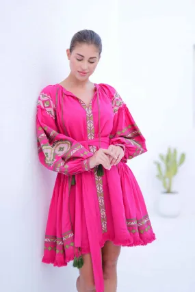 Hot Pink Raglan Sleeve Cotton Linen Dress