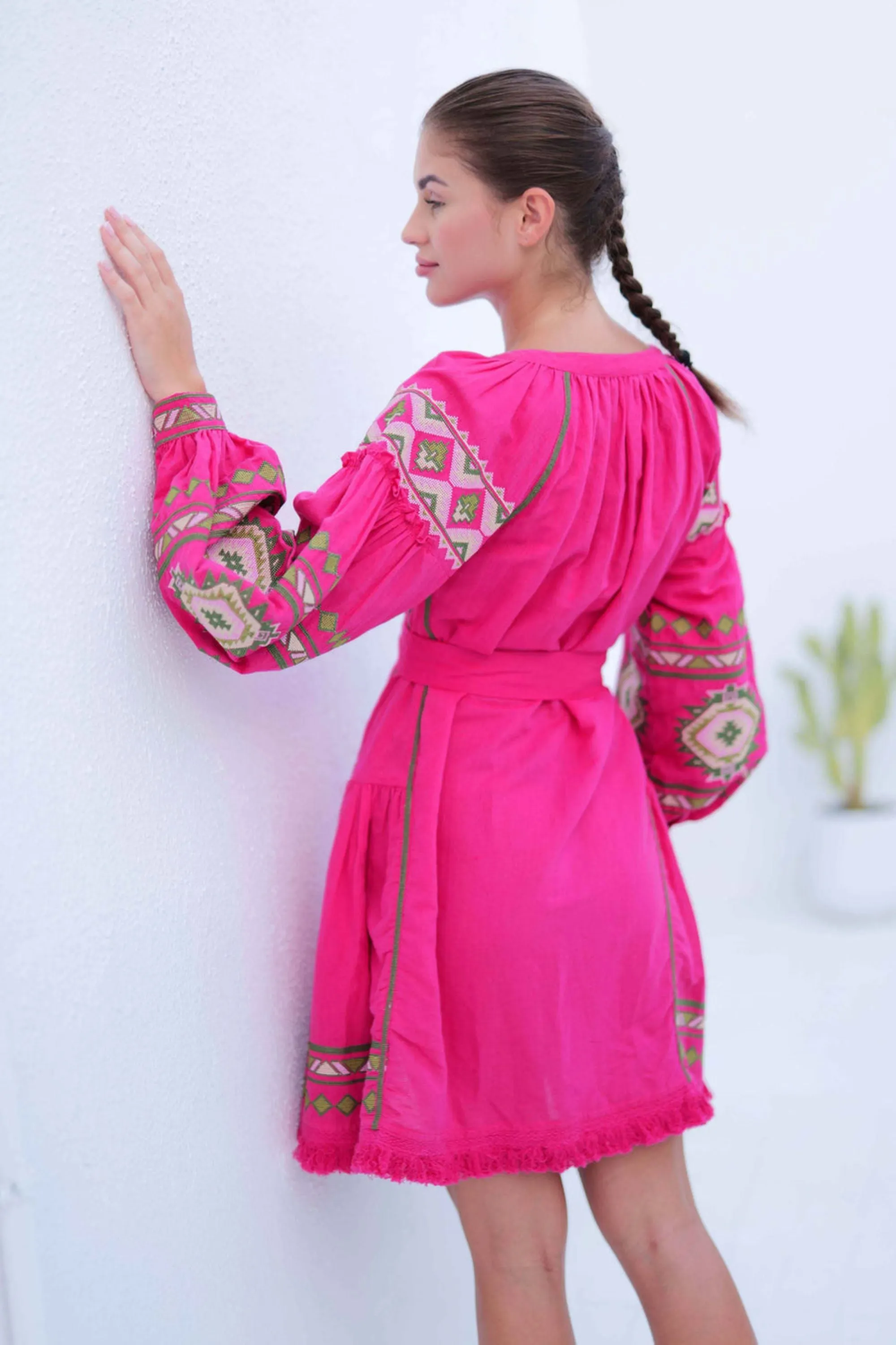 Hot Pink Raglan Sleeve Cotton Linen Dress