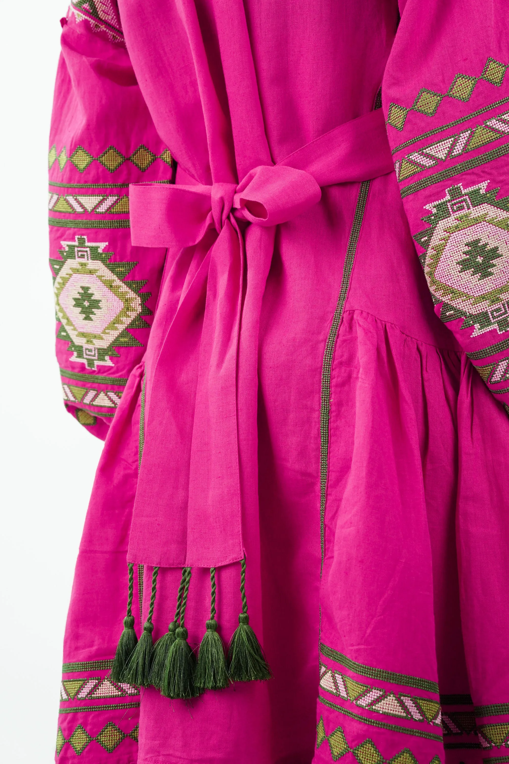 Hot Pink Raglan Sleeve Cotton Linen Dress