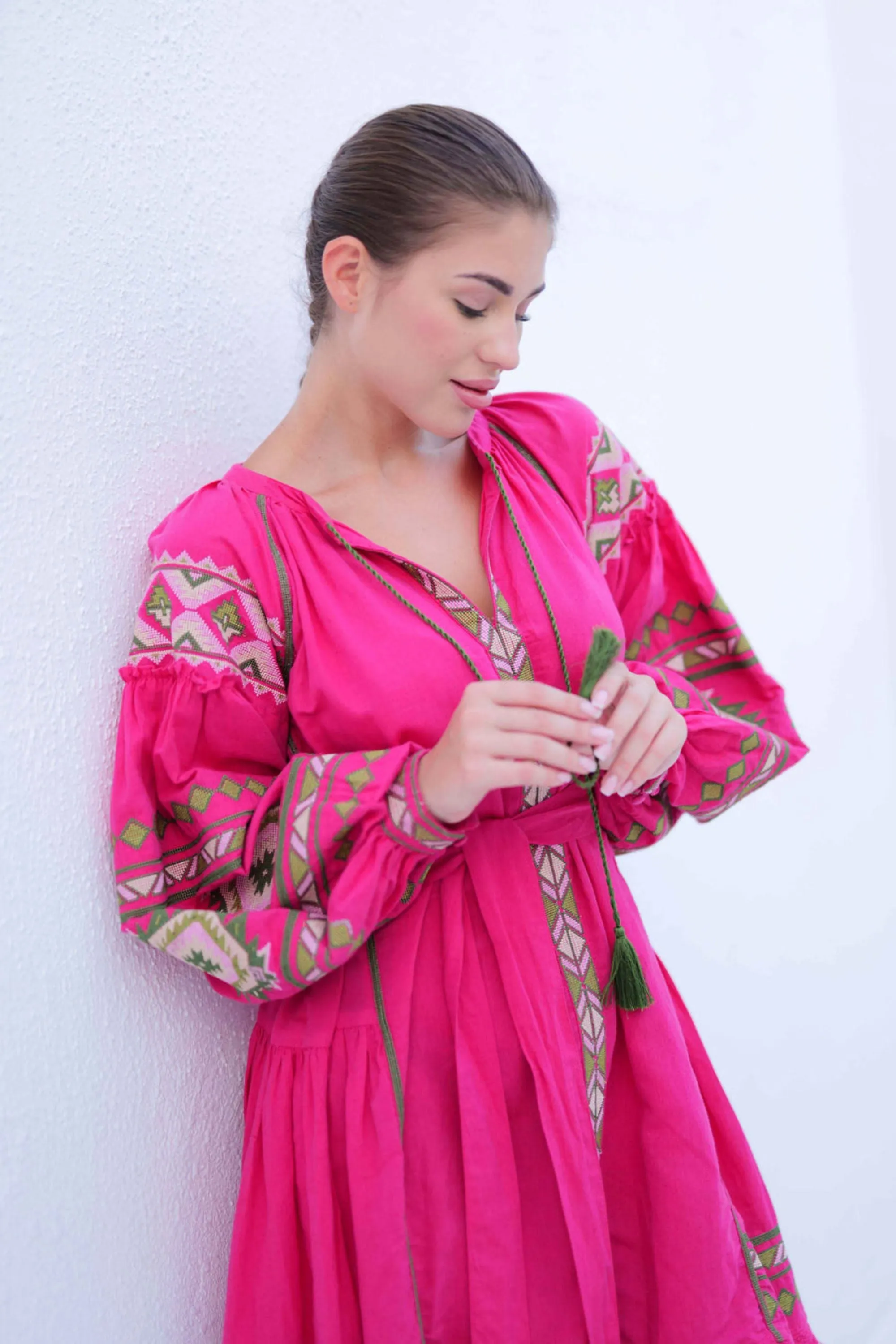 Hot Pink Raglan Sleeve Cotton Linen Dress