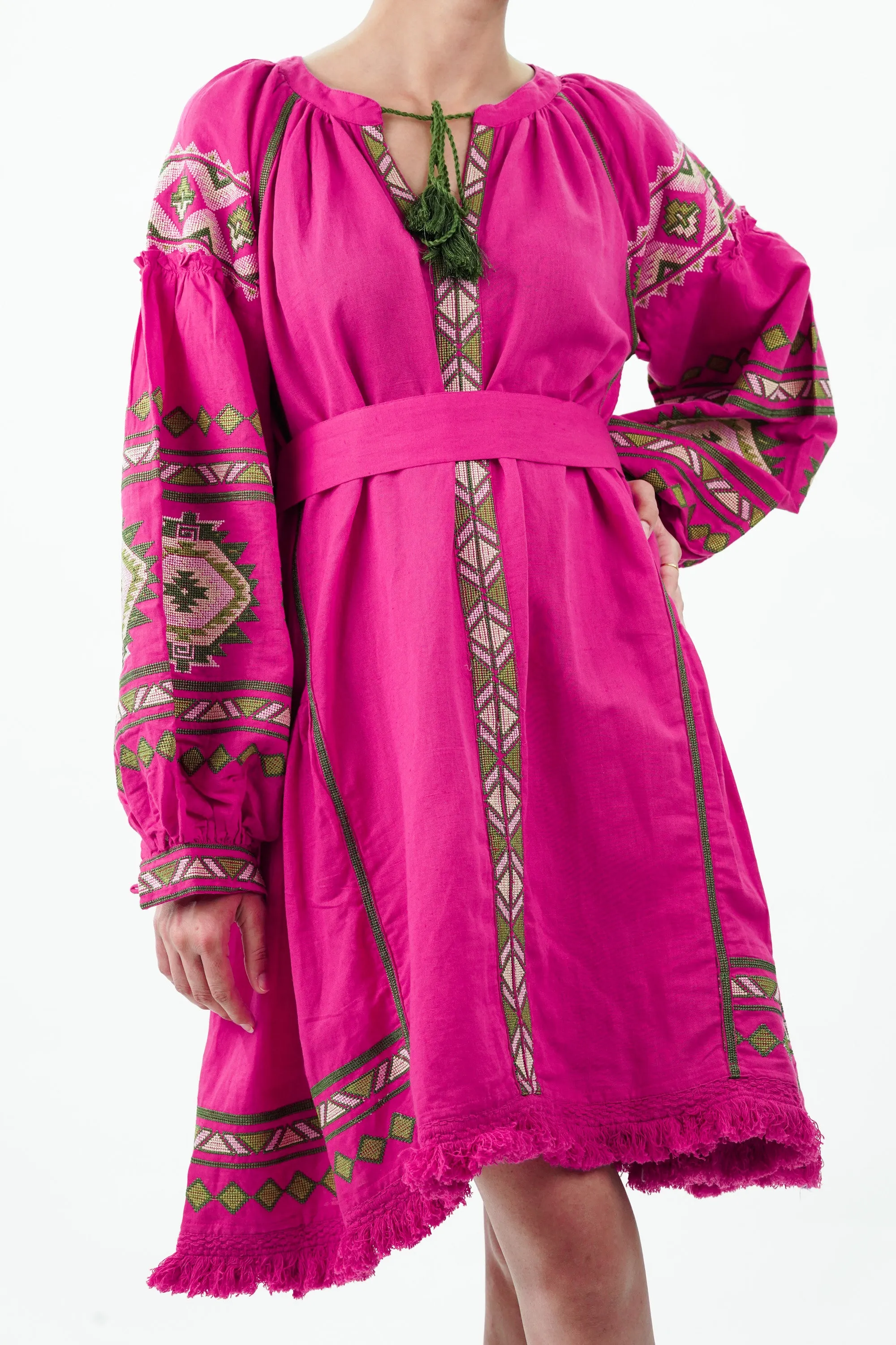 Hot Pink Raglan Sleeve Cotton Linen Dress