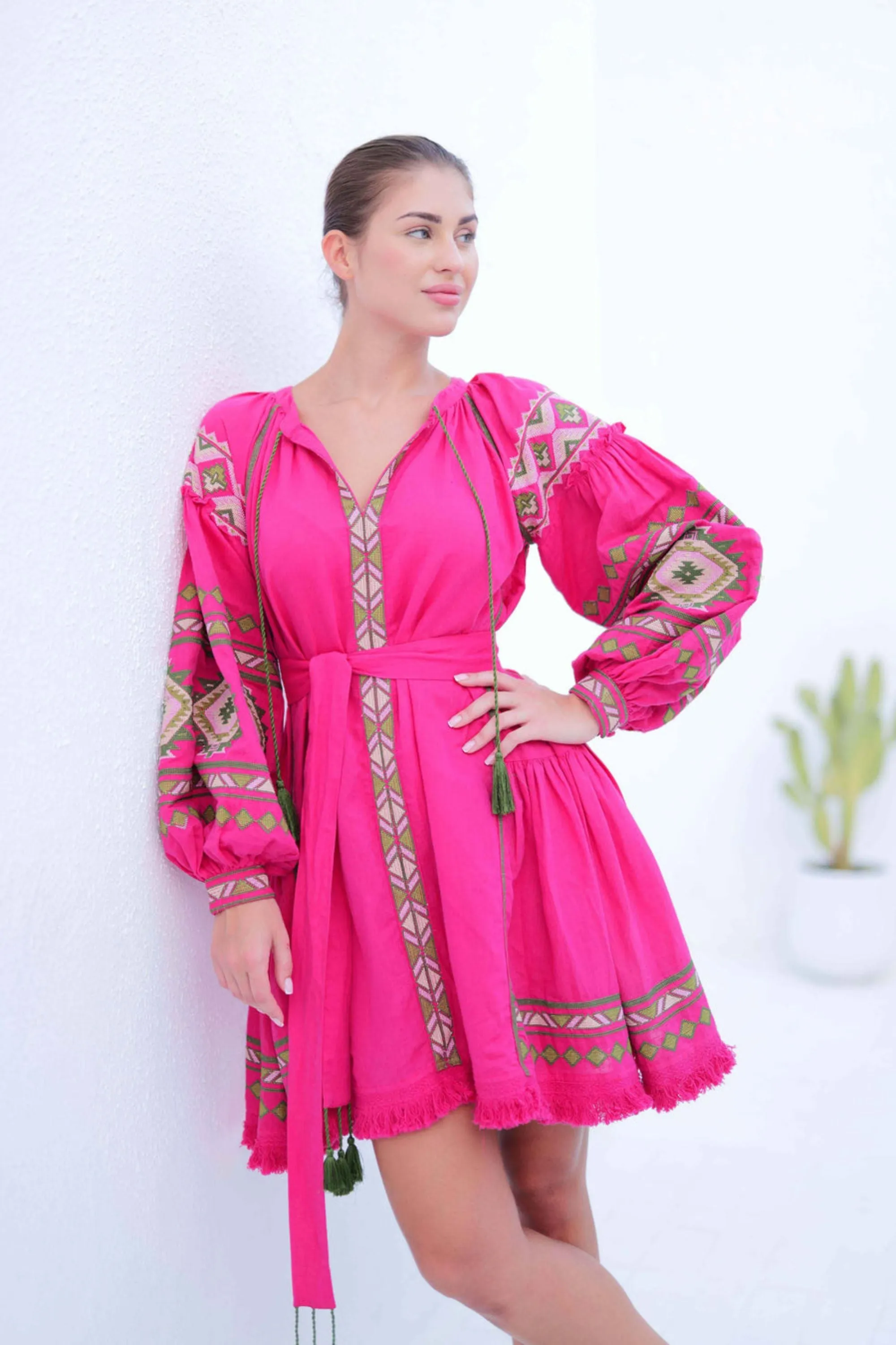 Hot Pink Raglan Sleeve Cotton Linen Dress