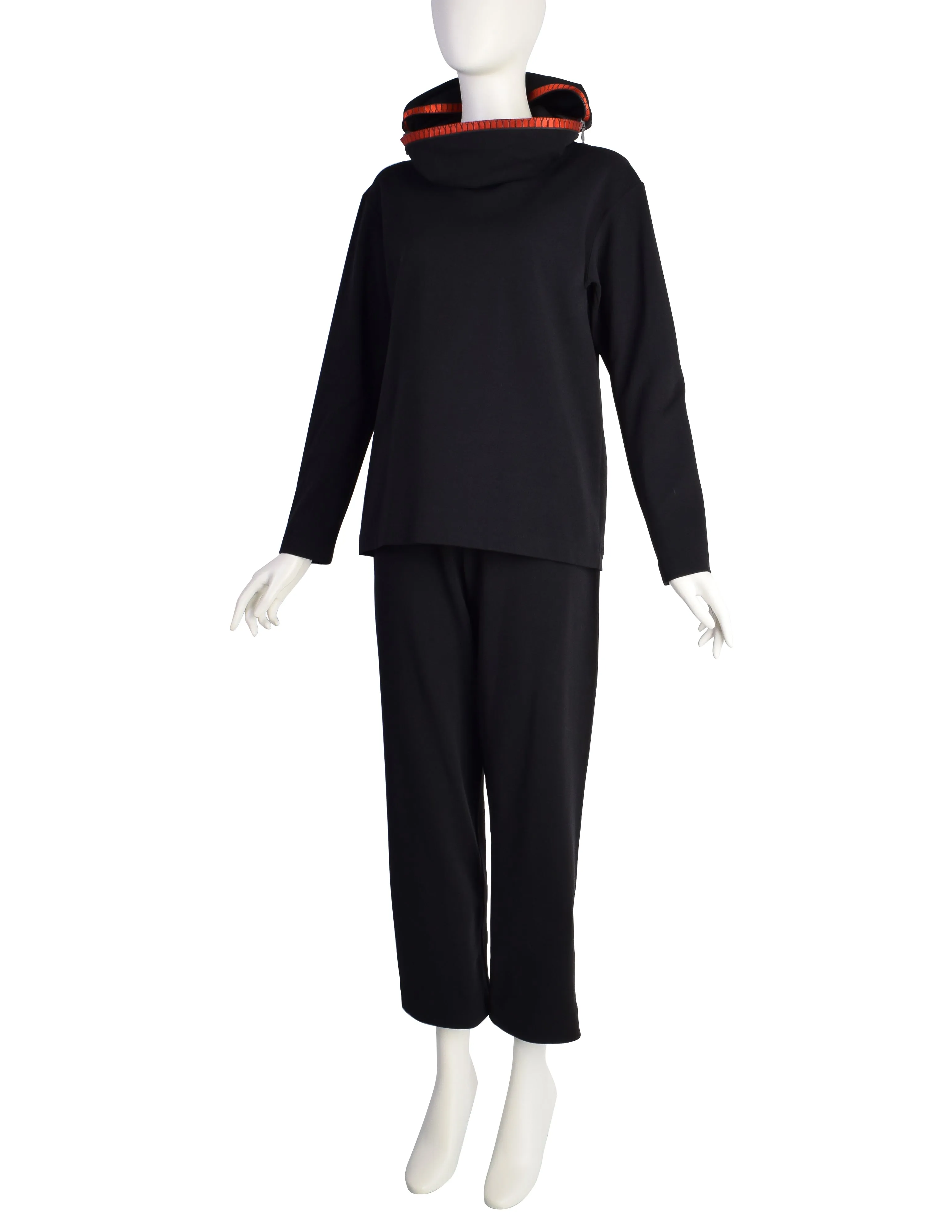 Issey Miyake Vintage AW1991 Iconic Black and Red Zipper Hood Face Top and Pants Ensemble Set