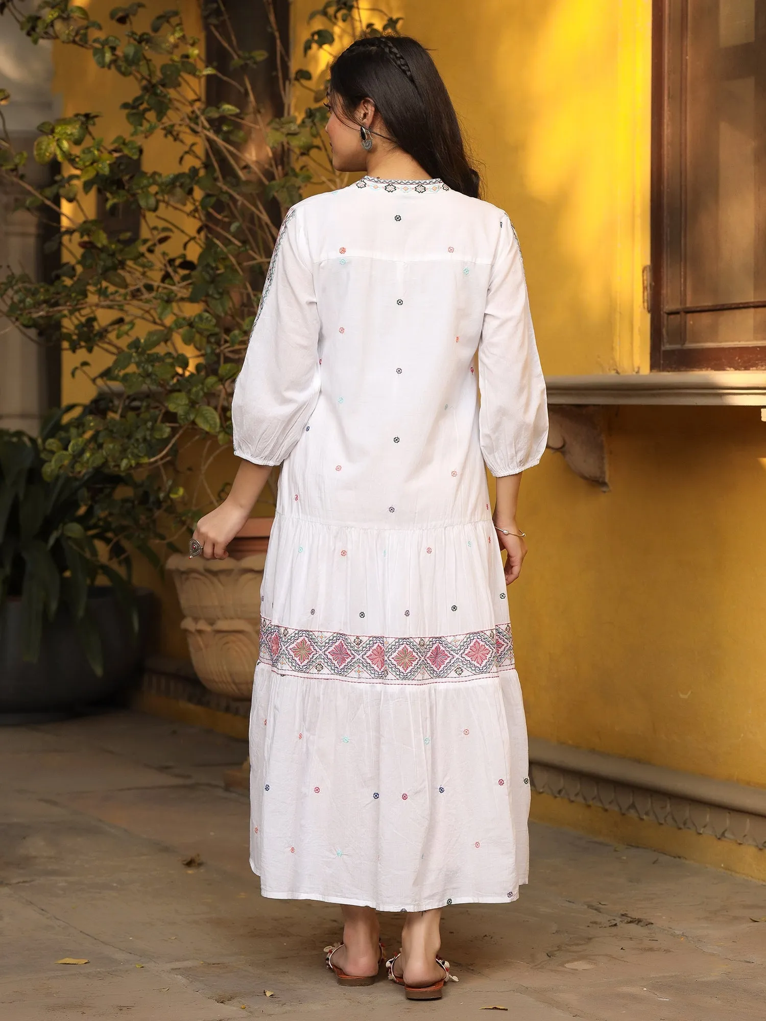 Jashvi White Pure Cotton Tiered Maxi Dress With Multi-Colored Embroidery Work