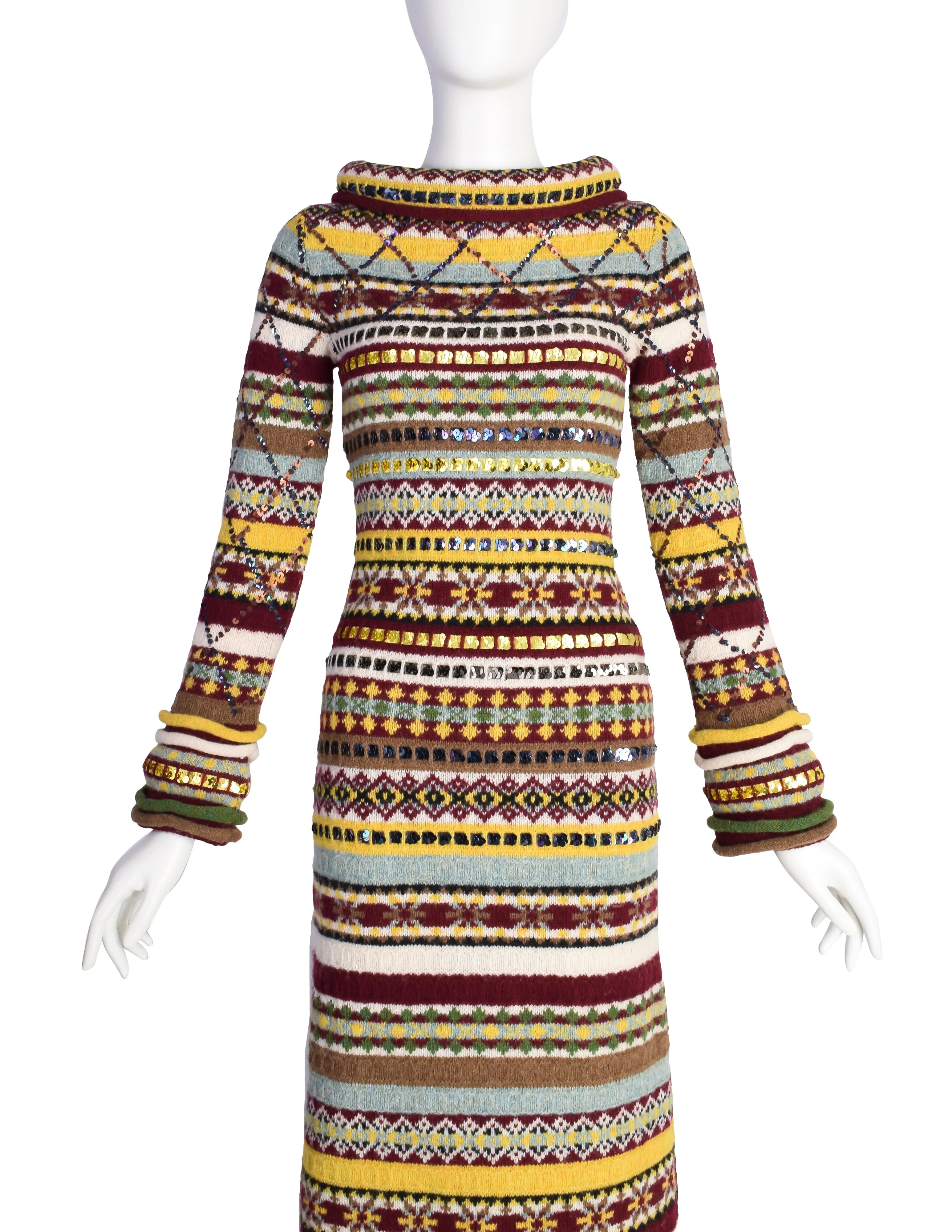 Jean Paul Gaultier AW 1999 Multicolor Fair Isle Sequin Knit Sweater Dress