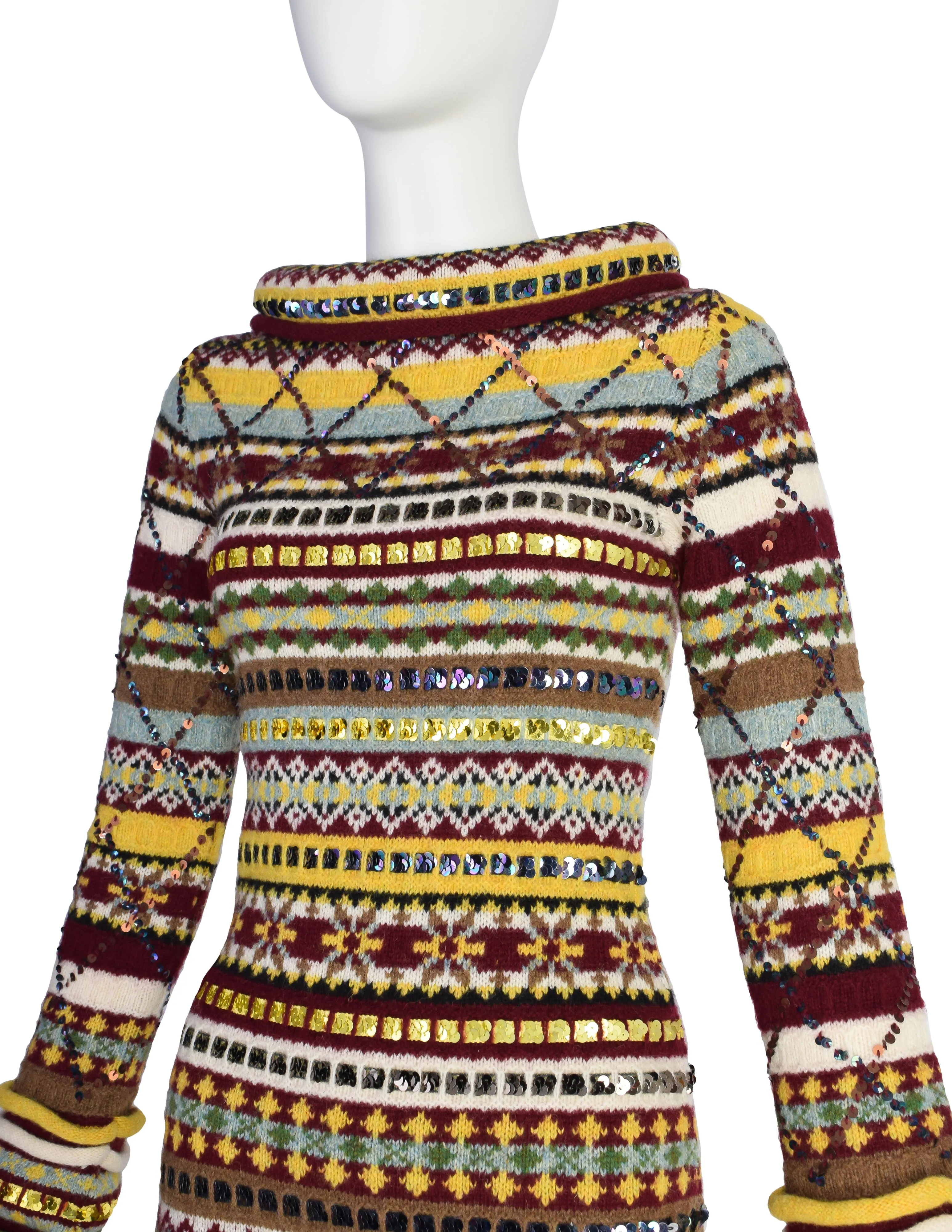 Jean Paul Gaultier AW 1999 Multicolor Fair Isle Sequin Knit Sweater Dress