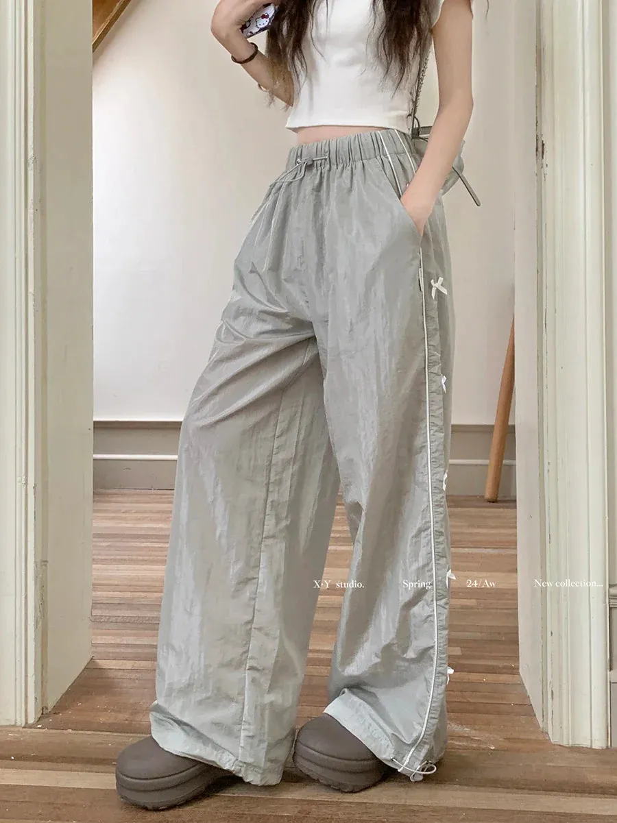 Leg Sports Drawstring Streetwear American High Casual Waist Joggers Straight Bow Wide Pants