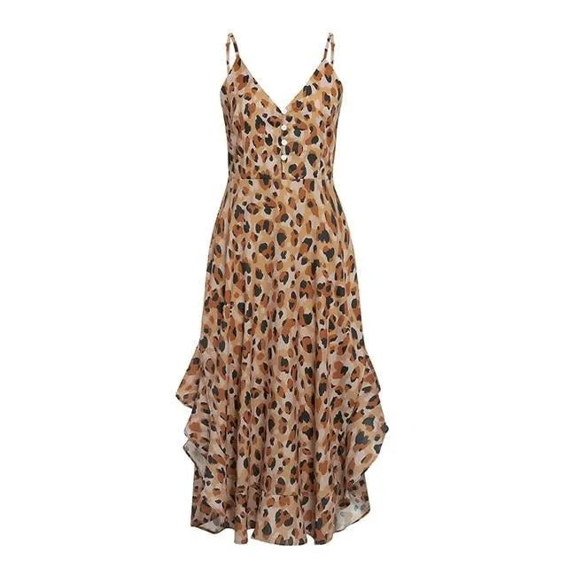 Leopard Print Sexy Sleeveless Ruffled High Waist V-neck Buttons Beach Holiday Dress