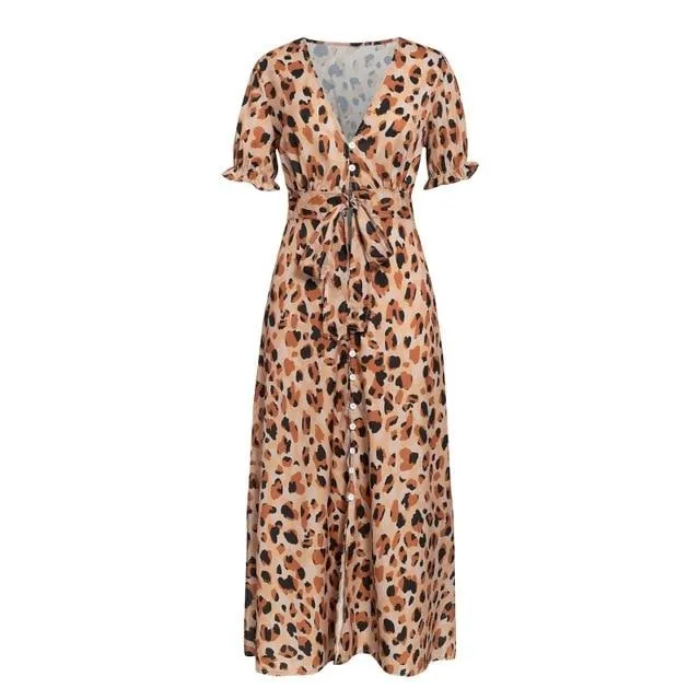 Leopard Print Sexy Sleeveless Ruffled High Waist V-neck Buttons Beach Holiday Dress