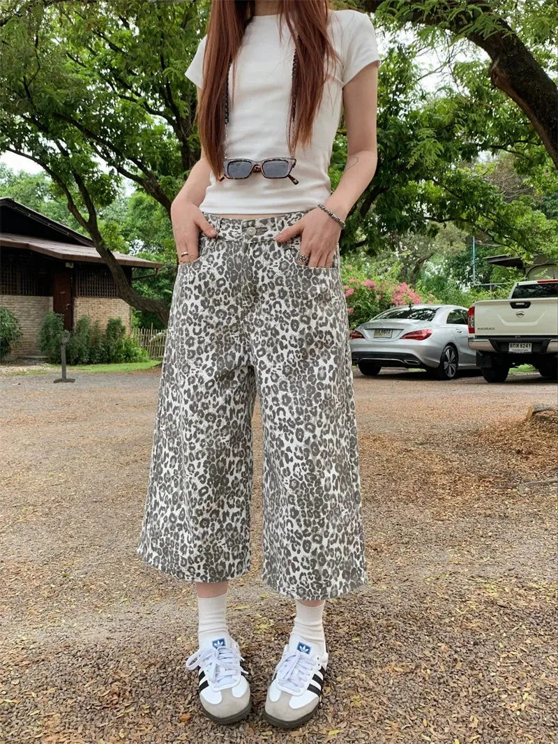 Leopard Print Women 2024 Cropped Pants Streetwear Y2k Wide Leg Jeans