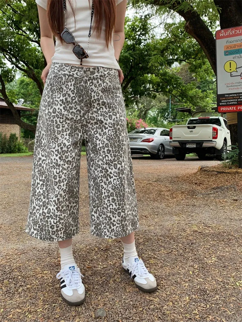 Leopard Print Women 2024 Cropped Pants Streetwear Y2k Wide Leg Jeans