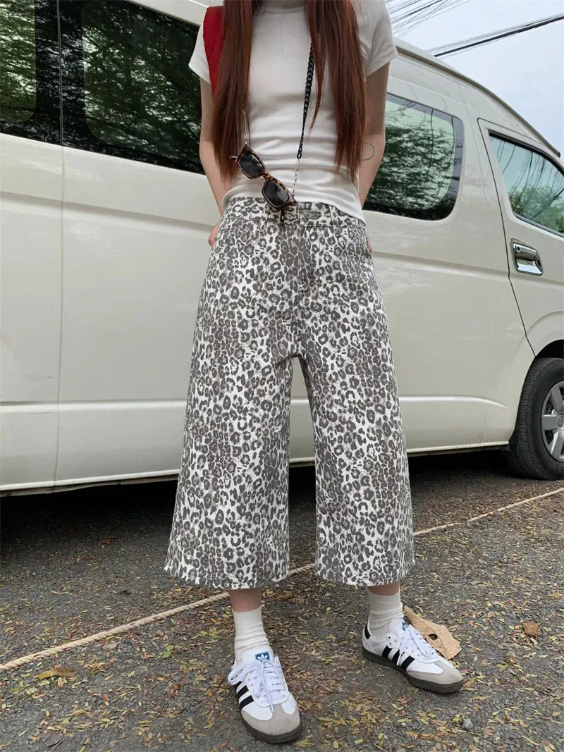 Leopard Print Women 2024 Cropped Pants Streetwear Y2k Wide Leg Jeans