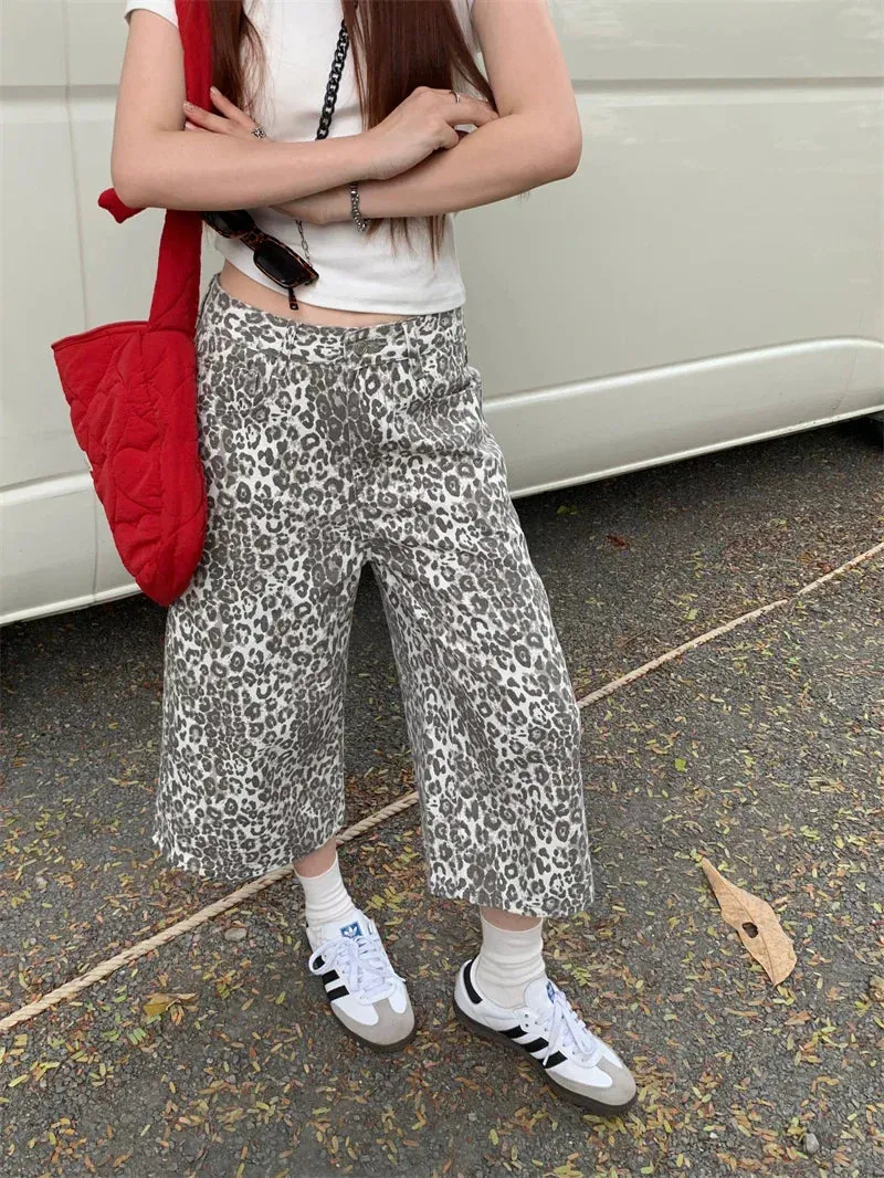 Leopard Print Women 2024 Cropped Pants Streetwear Y2k Wide Leg Jeans