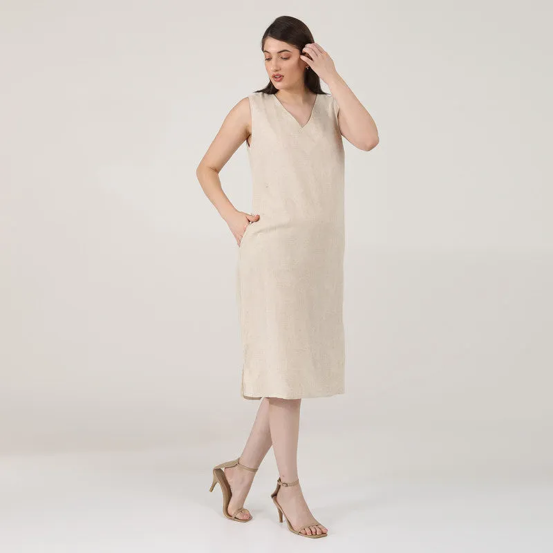 Linen Midi Dress for Women | Sleeveless | Beige