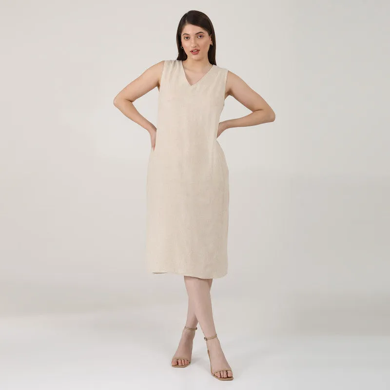 Linen Midi Dress for Women | Sleeveless | Beige