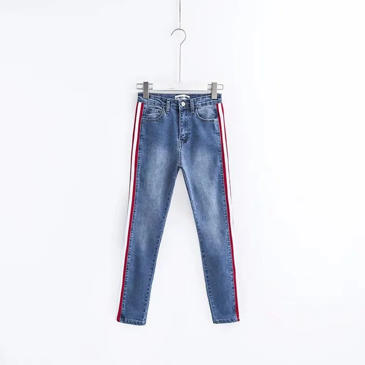 Lipstick Red/White Side Stripe High Waist Jeans - Blue