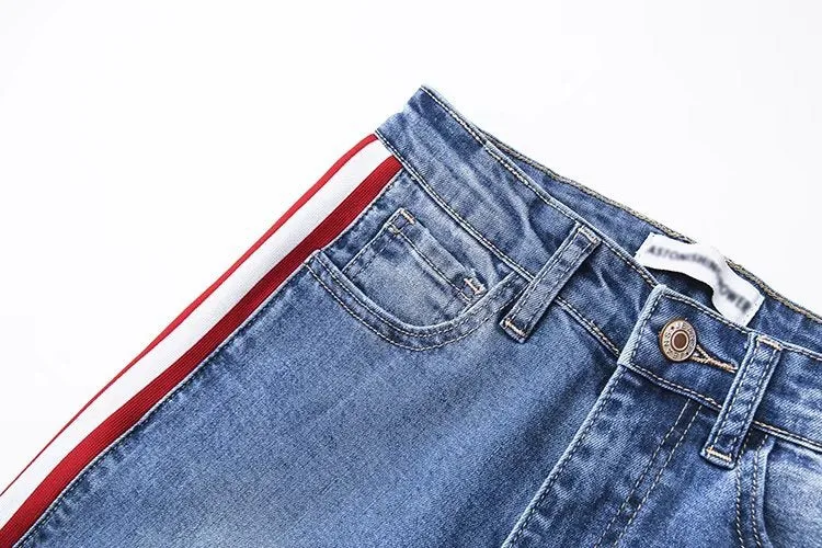 Lipstick Red/White Side Stripe High Waist Jeans - Blue