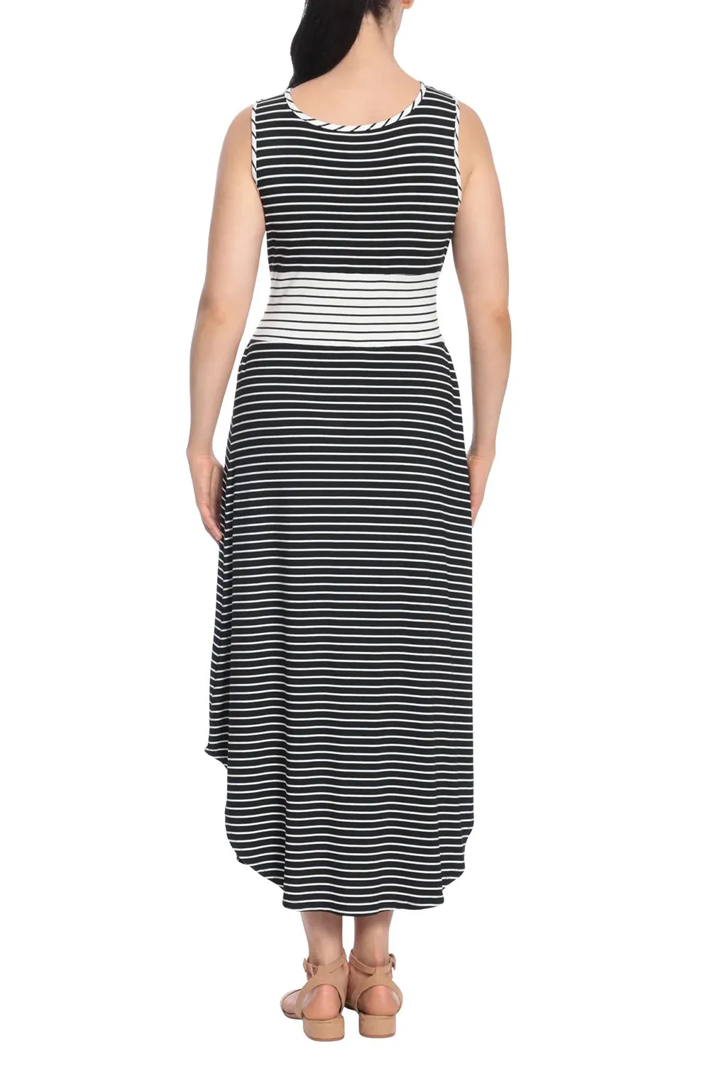 London Times Scoop Nek Sleeveless Tie Waist Stripe Print Rayon Maxi Dress