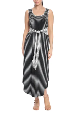 London Times Scoop Nek Sleeveless Tie Waist Stripe Print Rayon Maxi Dress