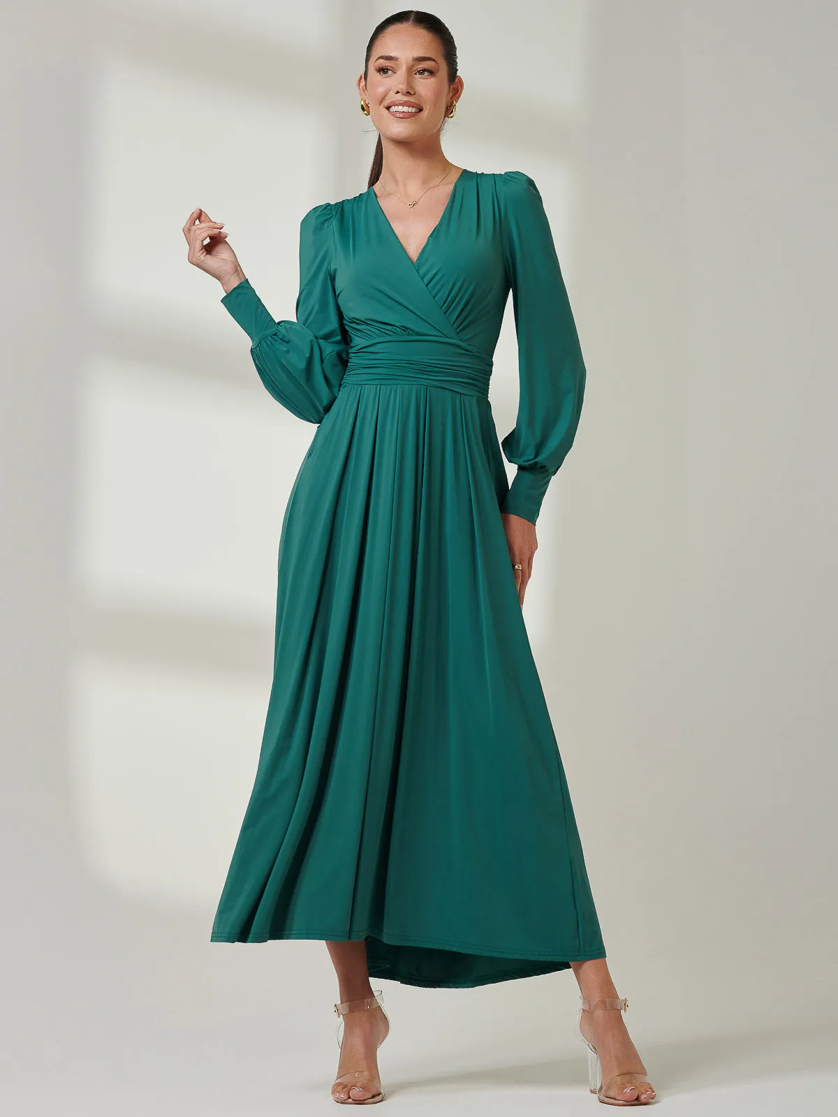 Long Sleeve Super Soft Jersey Maxi Dress, Peacock Green