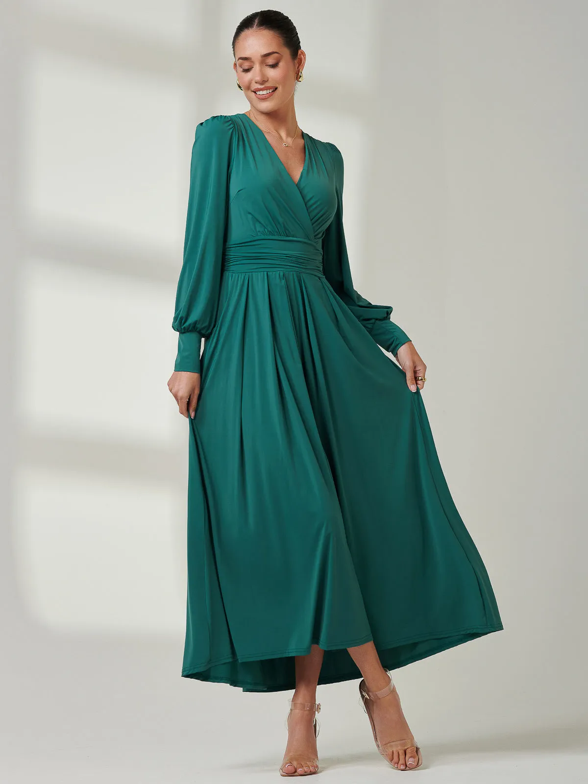 Long Sleeve Super Soft Jersey Maxi Dress, Peacock Green