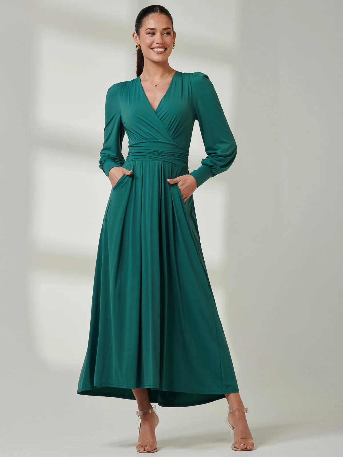 Long Sleeve Super Soft Jersey Maxi Dress, Peacock Green