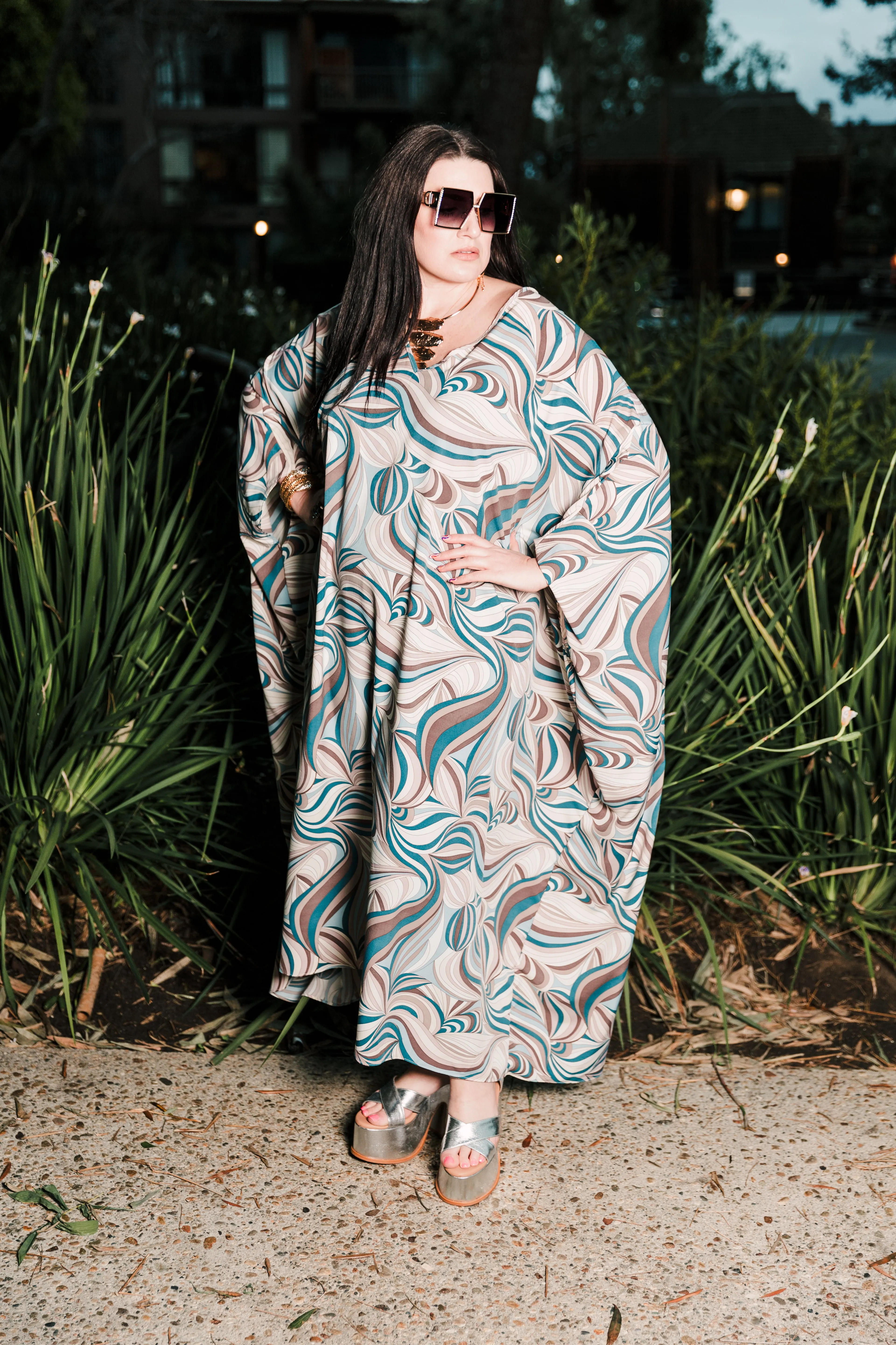 Long V-Neck Kaftan Dress in "Jump In" Print