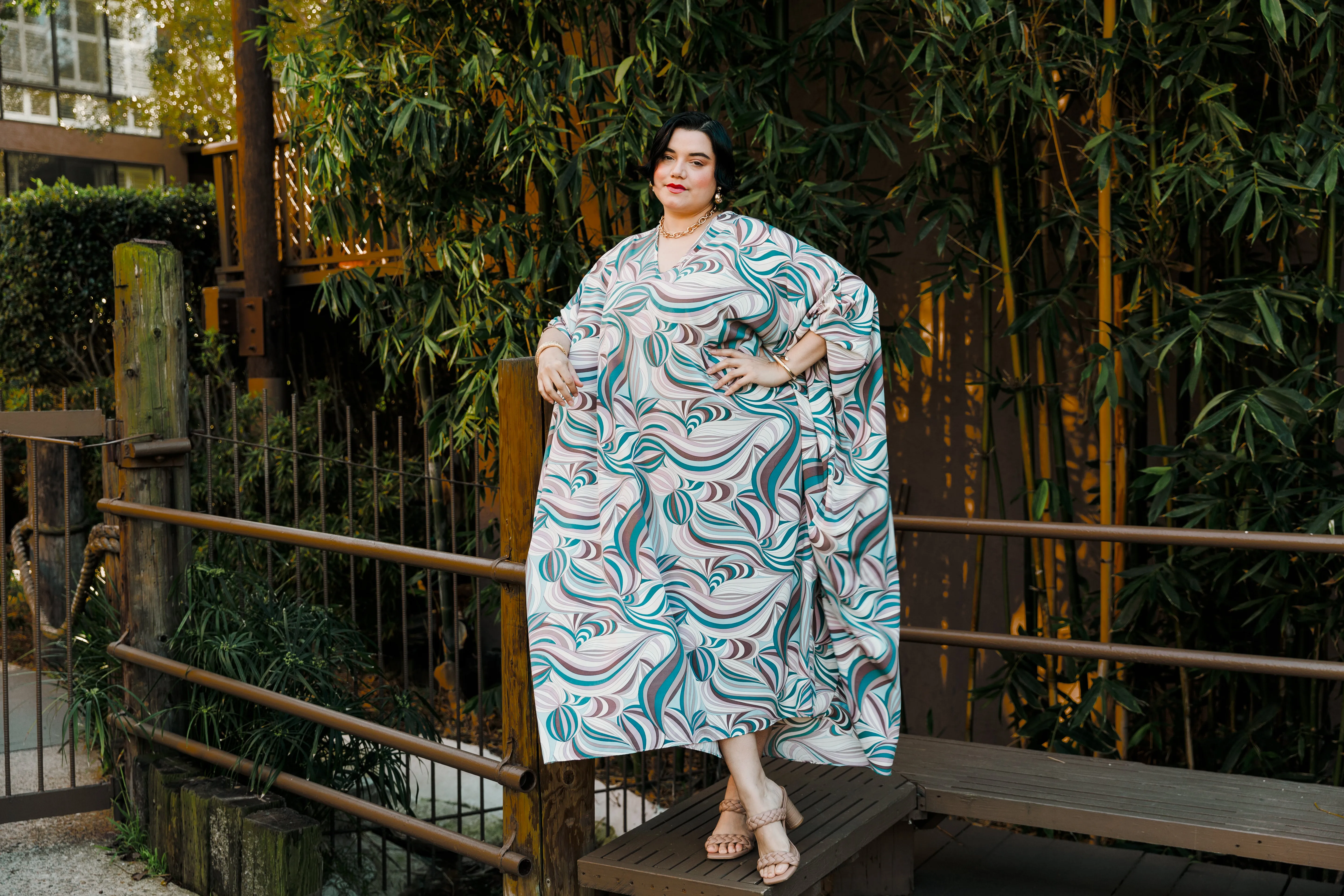 Long V-Neck Kaftan Dress in "Jump In" Print