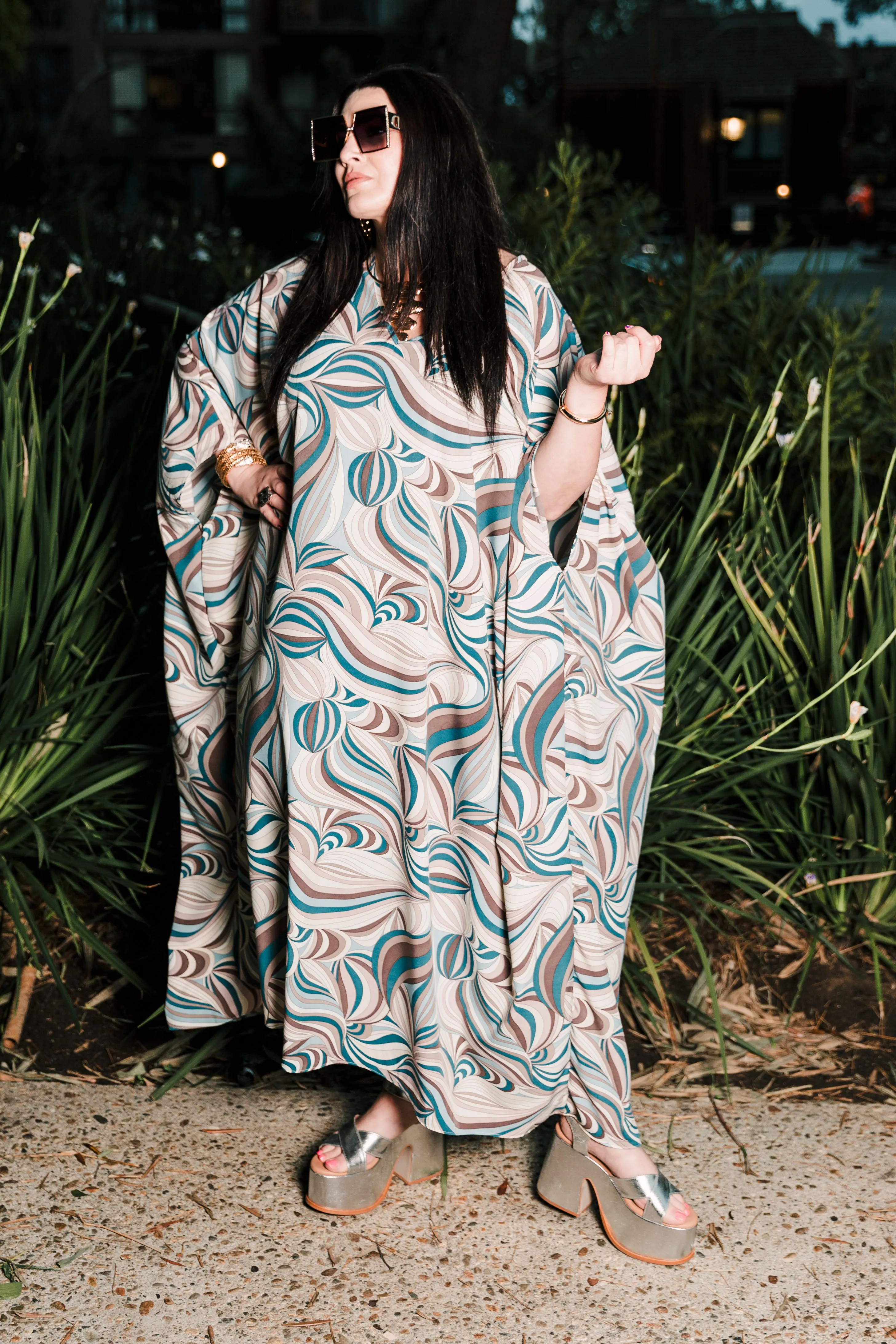 Long V-Neck Kaftan Dress in "Jump In" Print