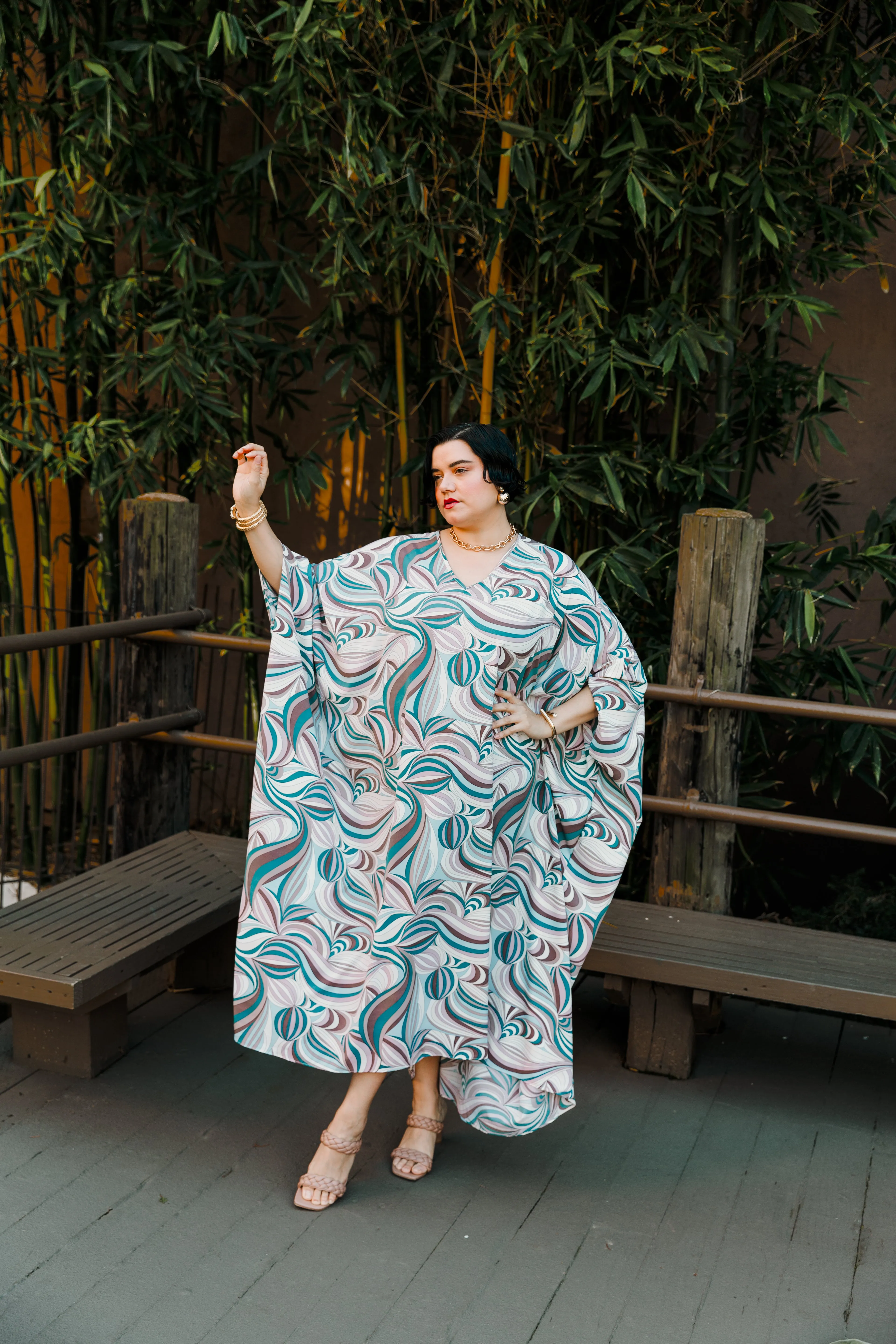 Long V-Neck Kaftan Dress in "Jump In" Print