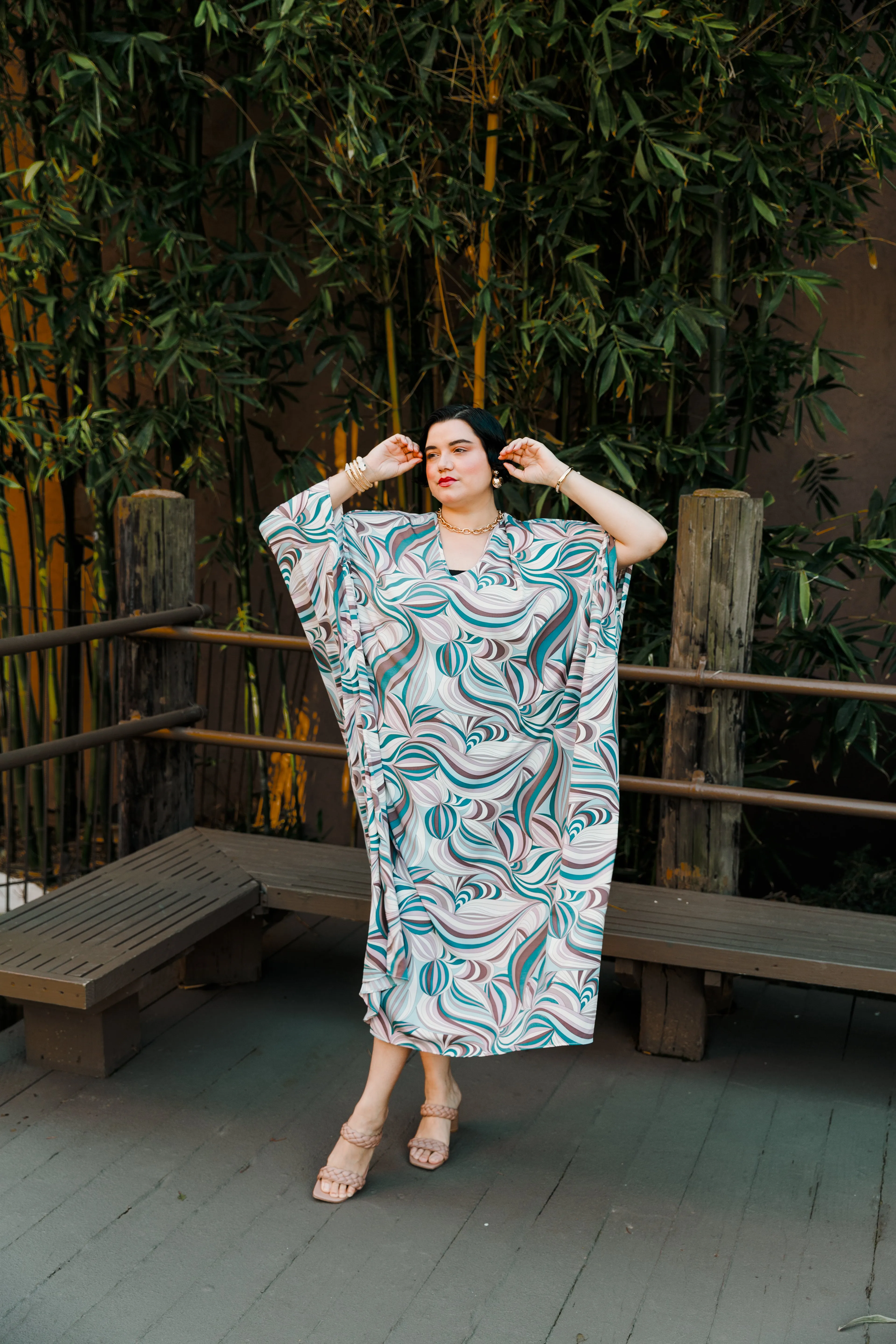 Long V-Neck Kaftan Dress in "Jump In" Print