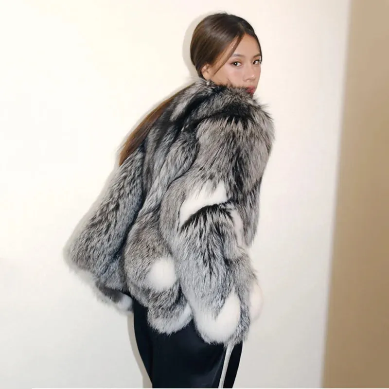 Luxury Thick Warm Natural Finland Silver White Fox Fur Coat