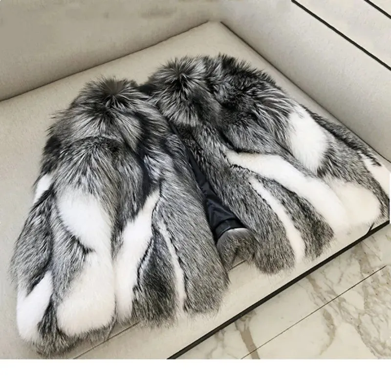 Luxury Thick Warm Natural Finland Silver White Fox Fur Coat