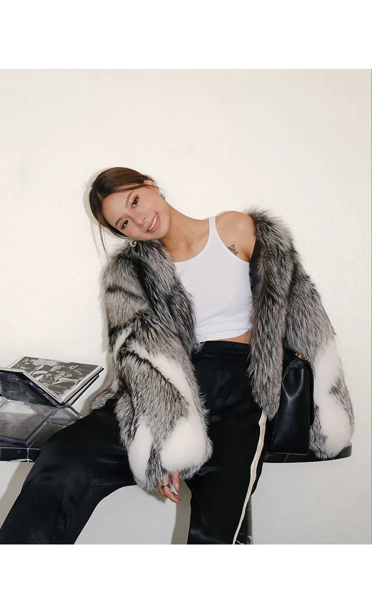 Luxury Thick Warm Natural Finland Silver White Fox Fur Coat