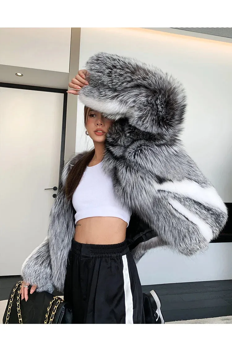 Luxury Thick Warm Natural Finland Silver White Fox Fur Coat